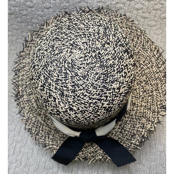 Brenda Lynn Black Beige Wide Brim Straw Hat OS Ribbon Trim Fringe main image 9